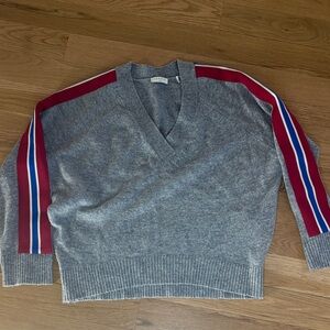 Sandro Gray V-Neck Sweater with Red and Blue Stripes Size 3/ large
